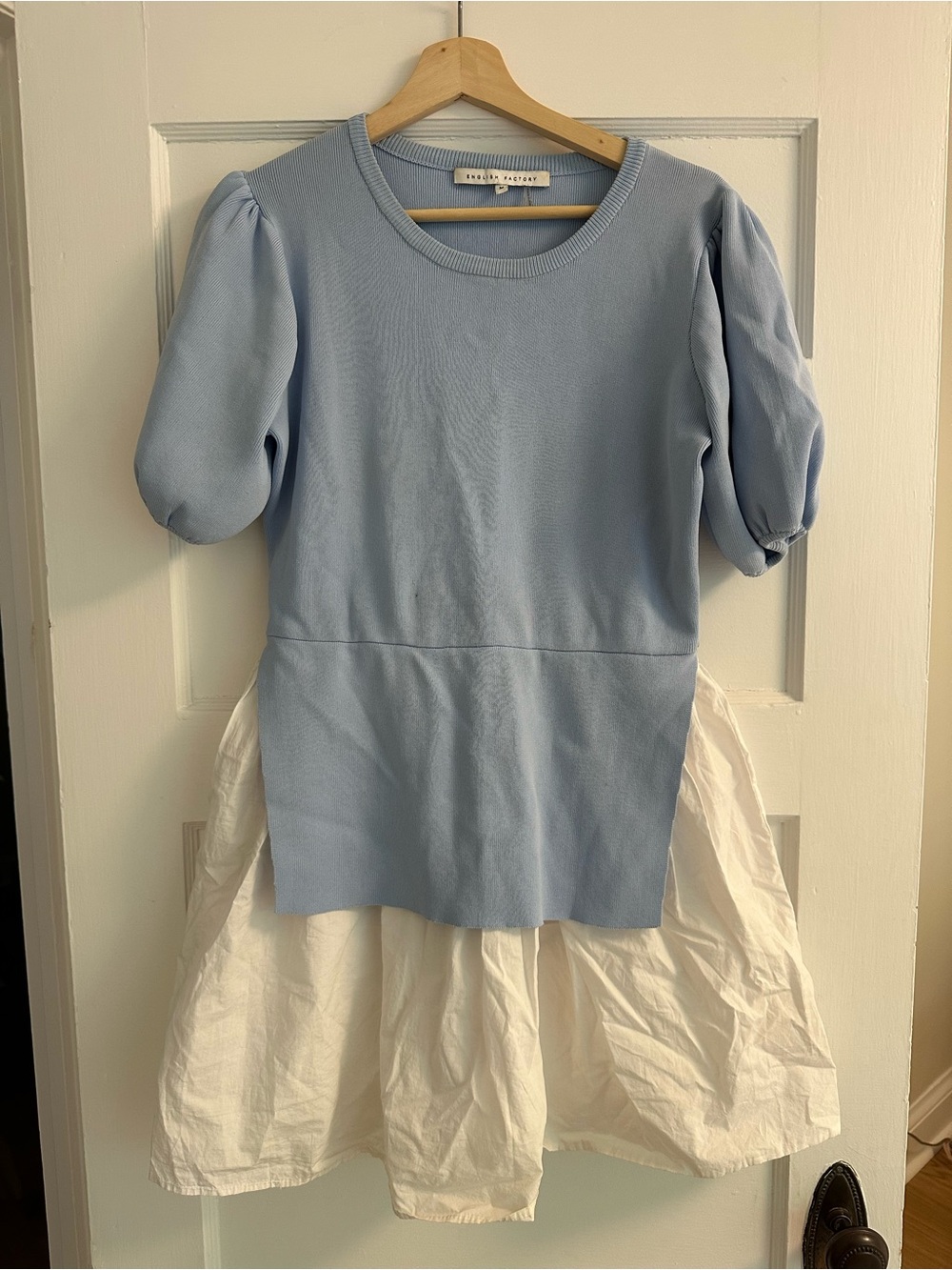 English Factory Light Blue Puff-Sleeve Top with White Skirt Dress